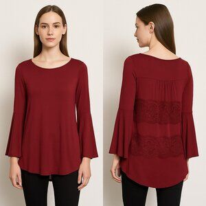 Olivia & Grace Red Lace Back Scoop Neck Long Bell Sleeve Hi Lo Top Womens XS